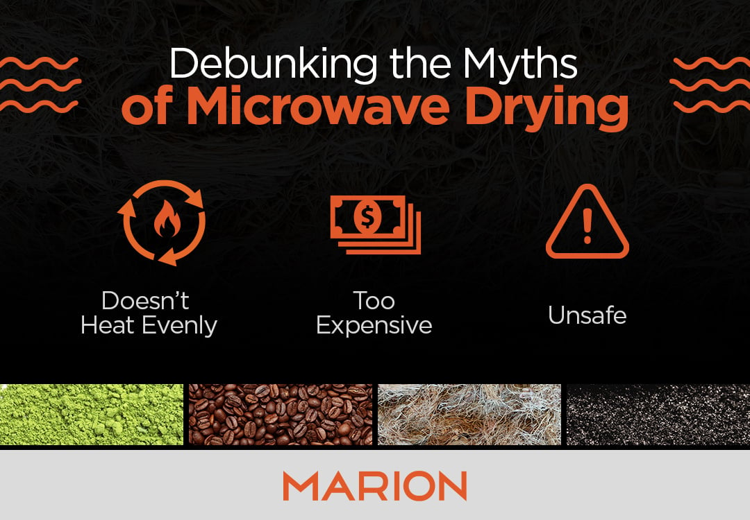 Icons that show myths of microwave drying: not heating evenly, too expensive and unsafe with images of four dried materials below