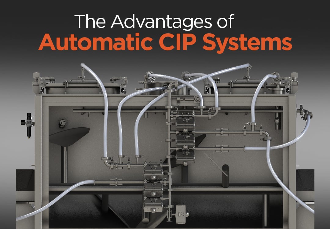 Marion's new clean-in-place system with a cut-away that includes an outside view of CIP hoses and valves and of the inside of a mixer with CIP nozzles.